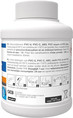geb colle haute performance 250 ml polyvalente pour assemblage de canalisations en pvc pour réseau avec pression d'eau froide/chaude sanitaire et réseau d'évacuation des eaux usées geb colle haute performance 250 ml polyvalente pour assemblage de canalisations en pvc pour réseau avec pression d'eau froide/chaude sanitaire et réseau d'évacuation des eaux usées