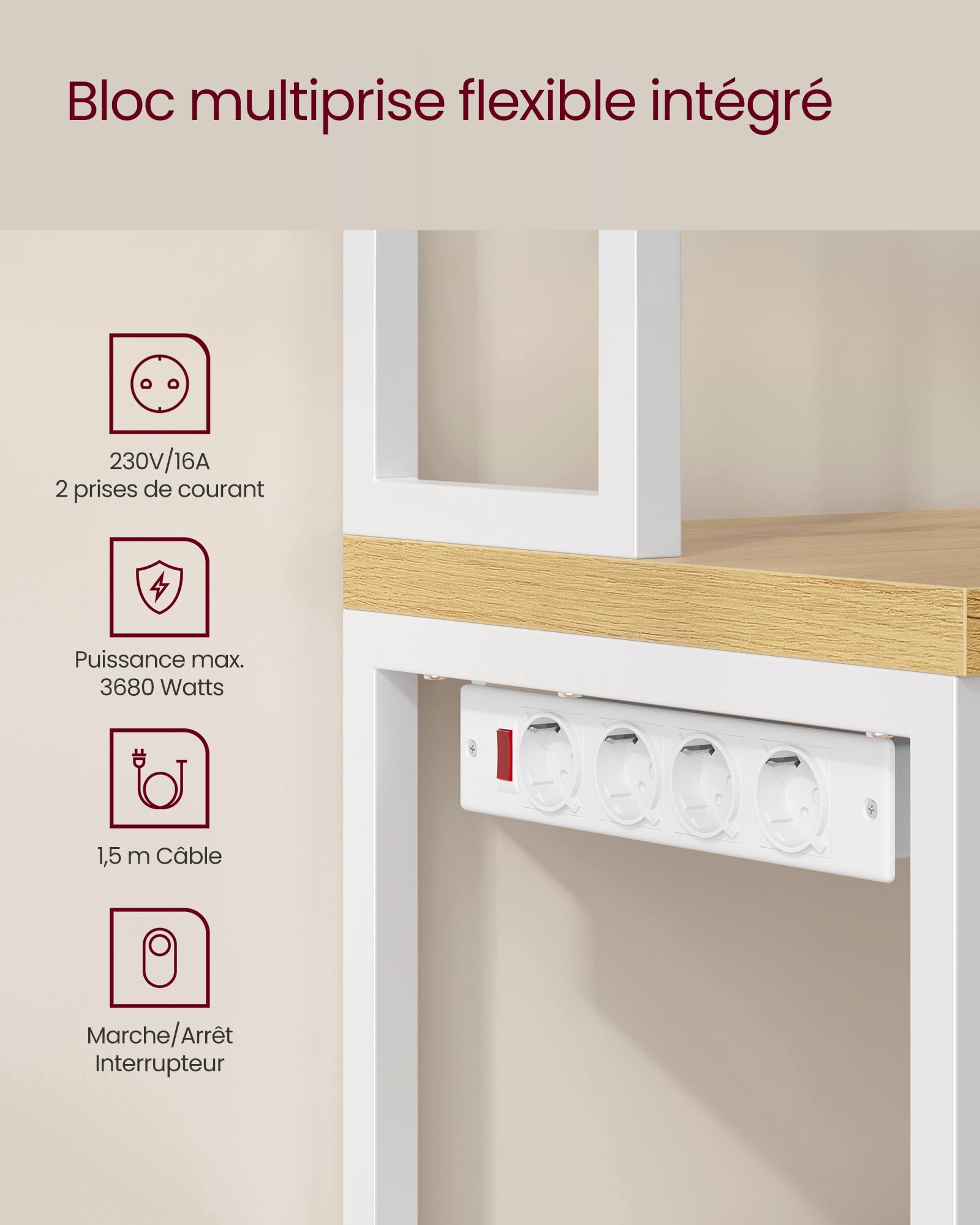 vasagle Étagère de cuisine avec multiprise, bar à café avec plan de travail de 90 cm de hauteur, support pour micro ondes avec 8 crochets, 40 x 60 x 170 cm, doré chêne et blanc nuage kks058y02 vasagle Étagère de cuisine avec multiprise, bar à café avec plan de travail de 90 cm de hauteur, support pour micro ondes avec 8 crochets, 40 x 60 x 170 cm, doré chêne et blanc nuage kks058y02