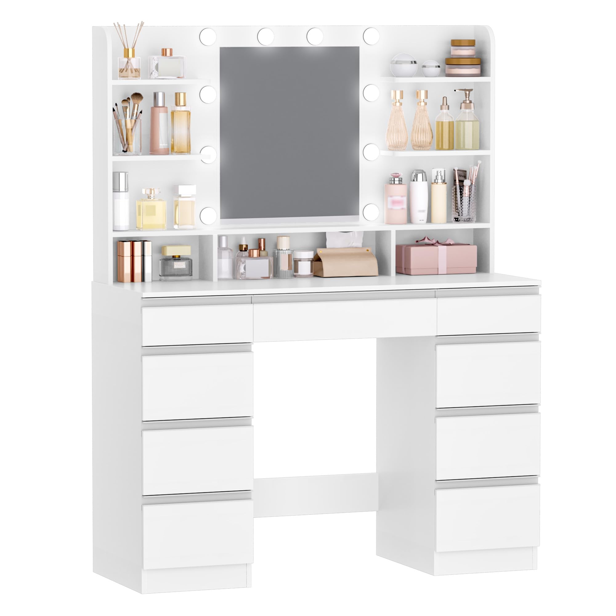 hzuaneri grande coiffeuse avec Éclairage led, 10 boules lumineuses led, 3 couleurs, luminosité réglable, miroir, 9 tiroirs, 9 Étagères ouvertes, blanc argent dt35703w hzuaneri grande coiffeuse avec Éclairage led, 10 boules lumineuses led, 3 couleurs, luminosité réglable, miroir, 9 tiroirs, 9 Étagères ouvertes, blanc argent dt35703w