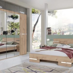 pegane chambre à coucher complète adulte (lit 140x190 cm + 2 chevets + armoire) coloris imitation chêne artisan/chrome brillant