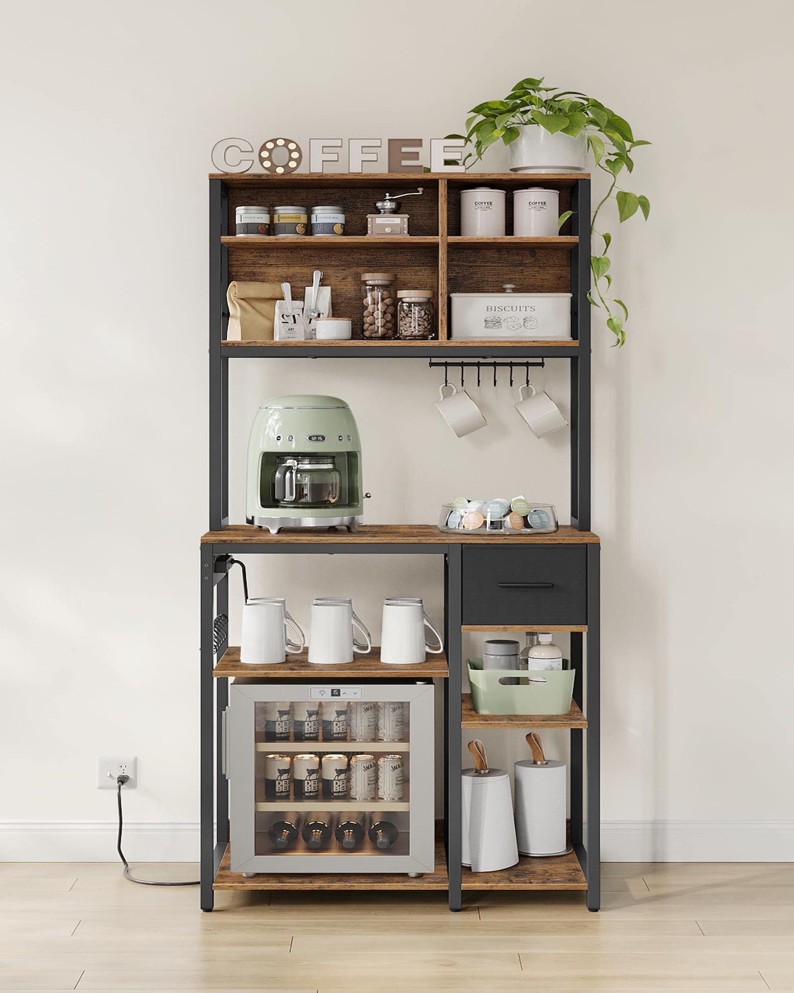 vasagle Étagère de cuisine avec multiprise, bar à café avec Étagères réglables, tiroir en tissu, 12 crochets, 40 x 80 x 180,4 cm, support pour micro ondes, marron rustique et noir d’encre kks015k03 vasagle Étagère de cuisine avec multiprise, bar à café avec Étagères réglables, tiroir en tissu, 12 crochets, 40 x 80 x 180,4 cm, support pour micro ondes, marron rustique et noir d’encre kks015k03