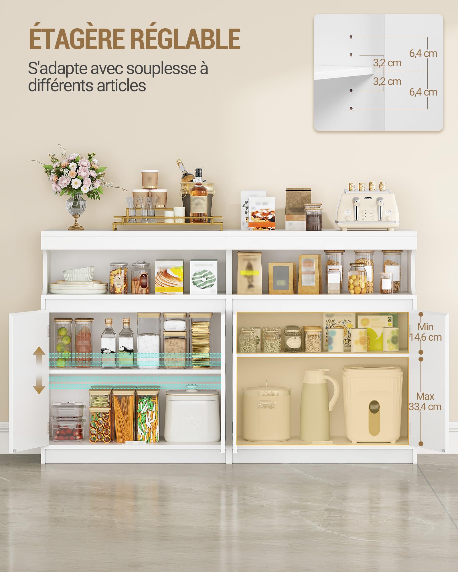 hzuaneri meuble cuisine, buffet à 4 portes, meuble de rangement avec espace ouvert, commode, style moderne, Étagères réglables, adapté à la cuisine ou au salon, 40 x 140 x 85 cm, blanc sc80103x hzuaneri meuble cuisine, buffet à 4 portes, meuble de rangement avec espace ouvert, commode, style moderne, Étagères réglables, adapté à la cuisine ou au salon, 40 x 140 x 85 cm, blanc sc80103x