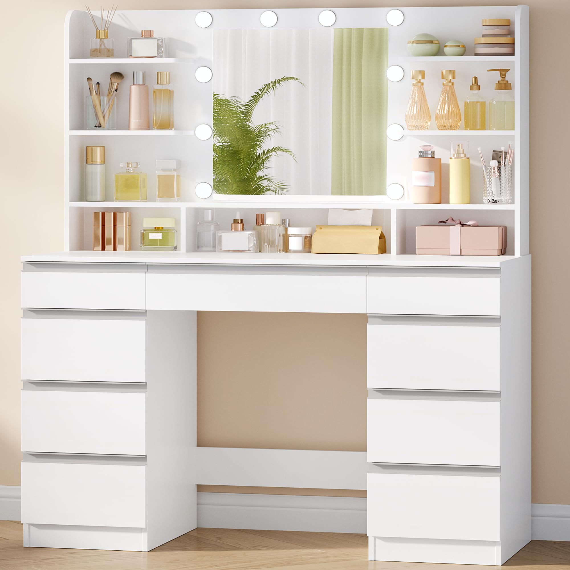 hzuaneri grande coiffeuse avec Éclairage led, 10 boules lumineuses led, 3 couleurs, luminosité réglable, miroir, 9 tiroirs, 9 Étagères ouvertes, blanc argent dt35703w hzuaneri grande coiffeuse avec Éclairage led, 10 boules lumineuses led, 3 couleurs, luminosité réglable, miroir, 9 tiroirs, 9 Étagères ouvertes, blanc argent dt35703w