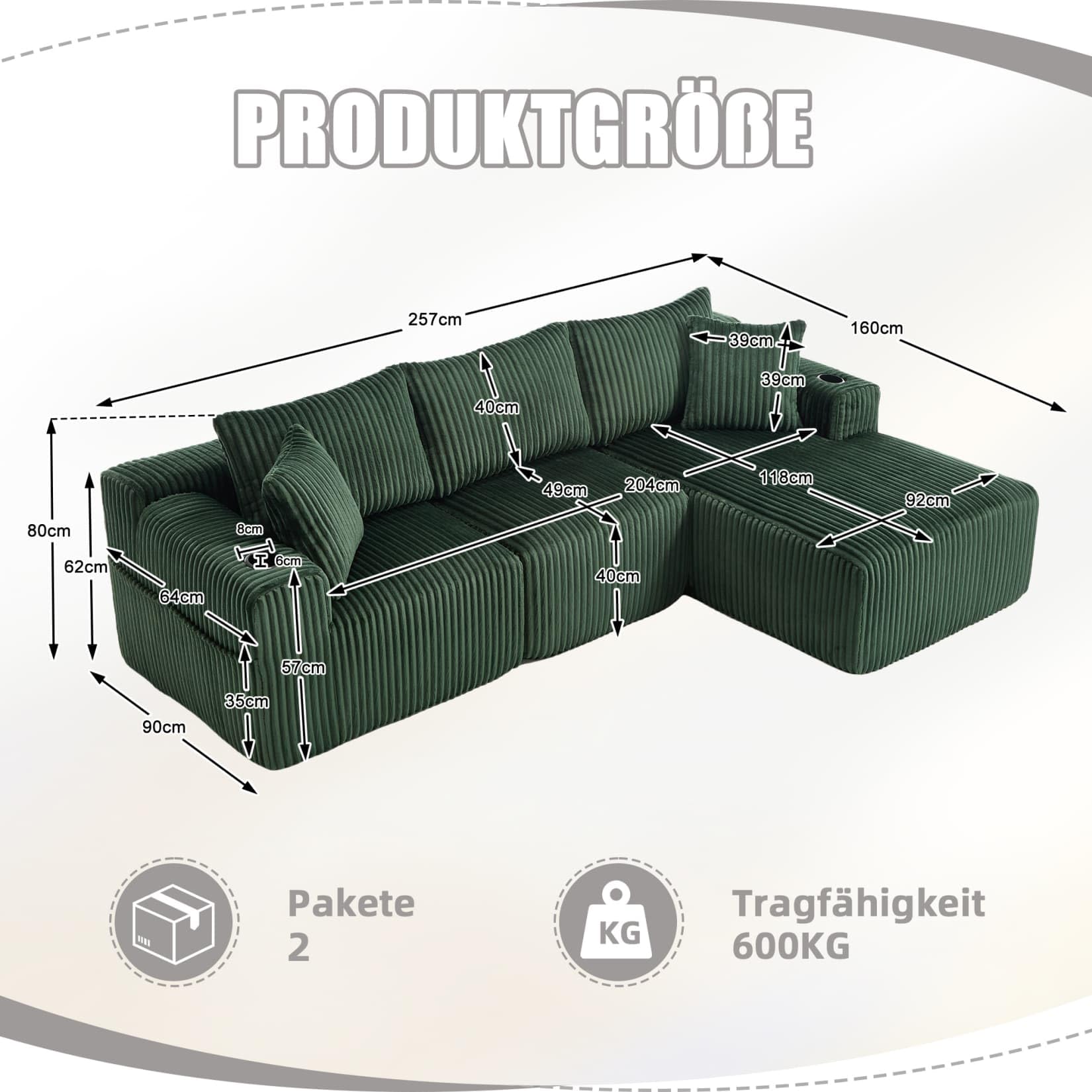 eurhcio canapé d'angle modulable,canapé 3 places en velours côtelé,avec 5 coussins,poches latérales et porte gobelets,pour salon,appartement,bureau (vert) eurhcio canapé d'angle modulable,canapé 3 places en velours côtelé,avec 5 coussins,poches latérales et porte gobelets,pour salon,appartement,bureau (vert)