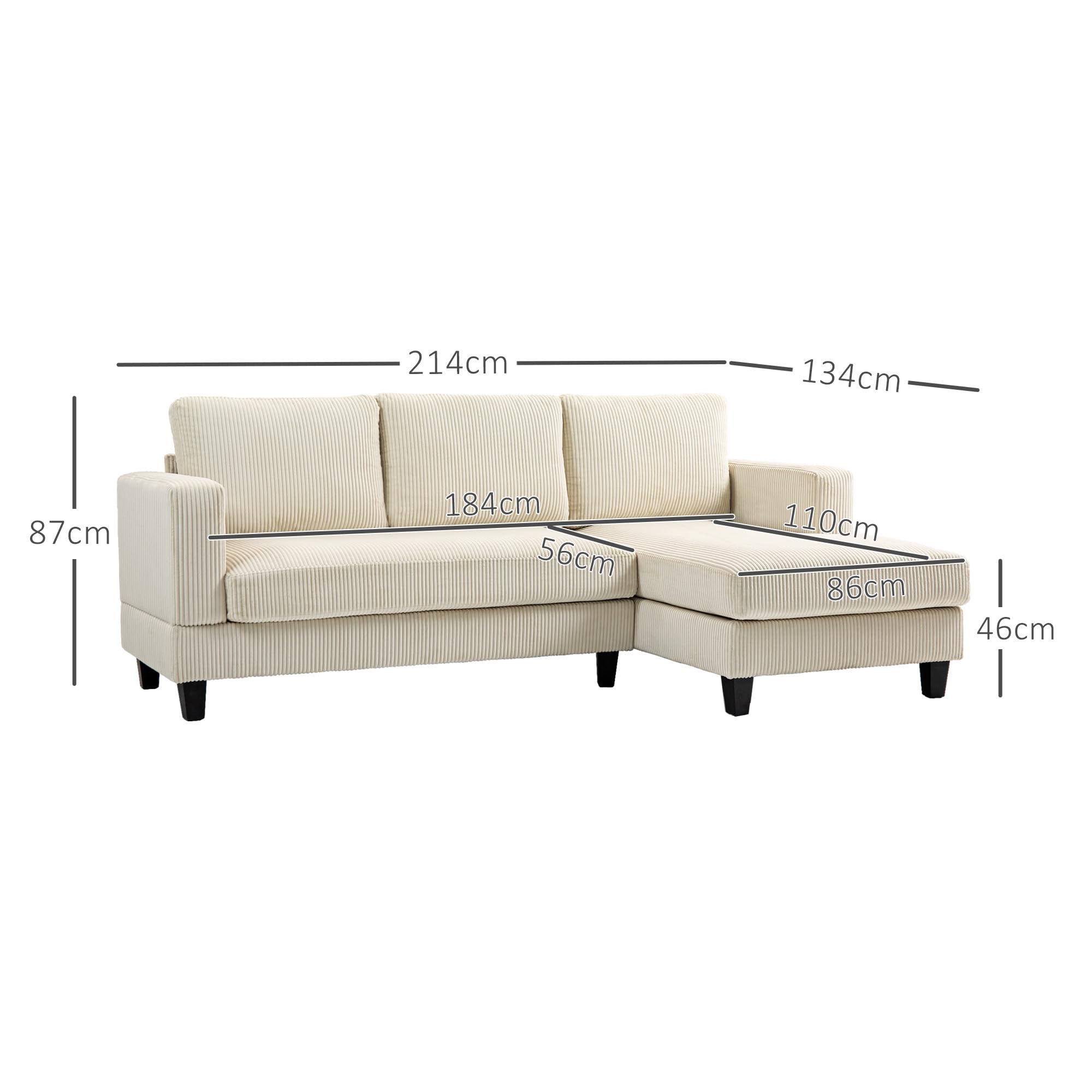 homcom canapé d'angle en velours côtelé canapé 3 places avec méridienne et coussin à ressorts épais, largeur 214 cm, design moderne, charge jusqu'à 400 kg, pour salon, appartement, beige homcom canapé d'angle en velours côtelé canapé 3 places avec méridienne et coussin à ressorts épais, largeur 214 cm, design moderne, charge jusqu'à 400 kg, pour salon, appartement, beige