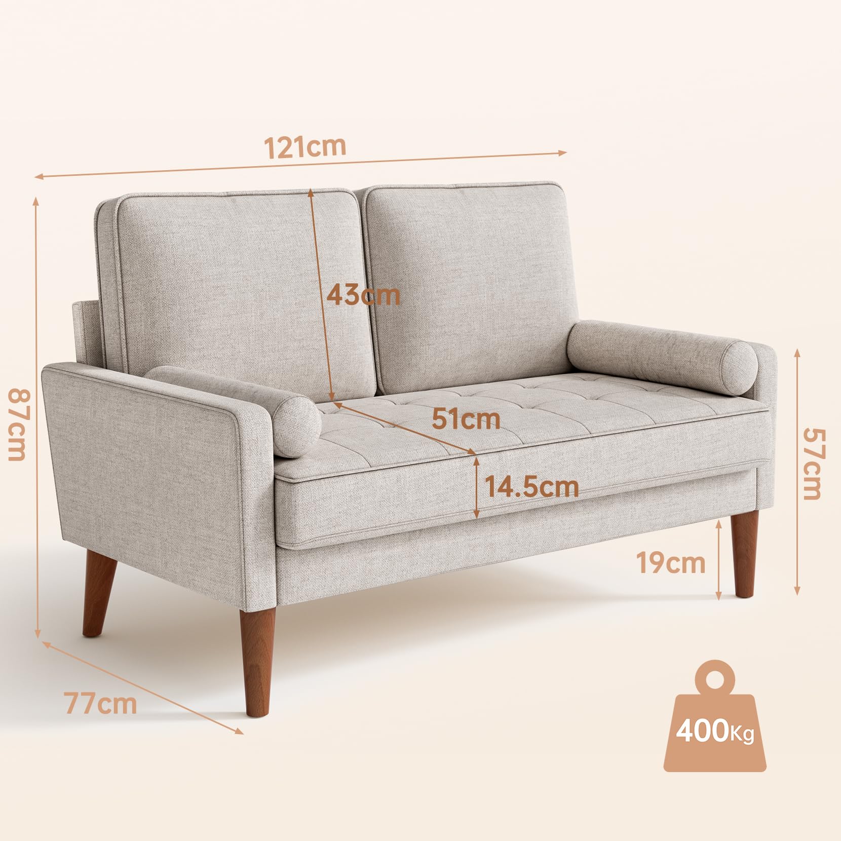 vesgantti petit canapé 2 places en lin ashbeige 121cm coussin à ressorts, accoudoirs, salon moderne, causeuse fixe vesgantti petit canapé 2 places en lin ashbeige 121cm coussin à ressorts, accoudoirs, salon moderne, causeuse fixe