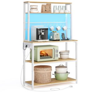 vasagle Étagère de cuisine avec led, meuble de cuisine avec multiprise, support pour micro ondes avec Étagères réglables, 8 crochets, 40 x 80 x 168,4 cm, doré chêne et blanc mat kks050ya01