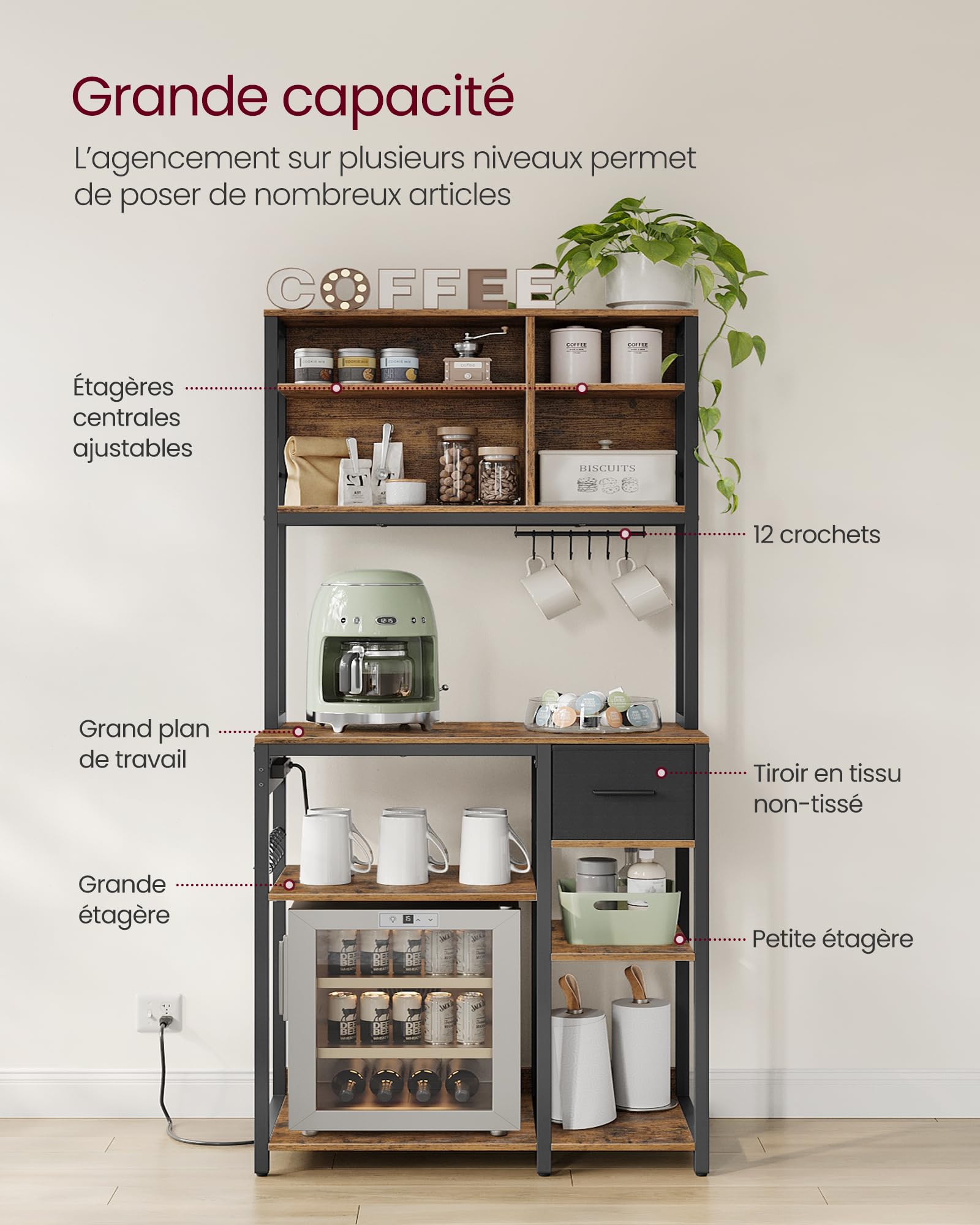 vasagle Étagère de cuisine avec multiprise, bar à café avec Étagères réglables, tiroir en tissu, 12 crochets, 40 x 80 x 180,4 cm, support pour micro ondes, marron rustique et noir d’encre kks015k03 vasagle Étagère de cuisine avec multiprise, bar à café avec Étagères réglables, tiroir en tissu, 12 crochets, 40 x 80 x 180,4 cm, support pour micro ondes, marron rustique et noir d’encre kks015k03