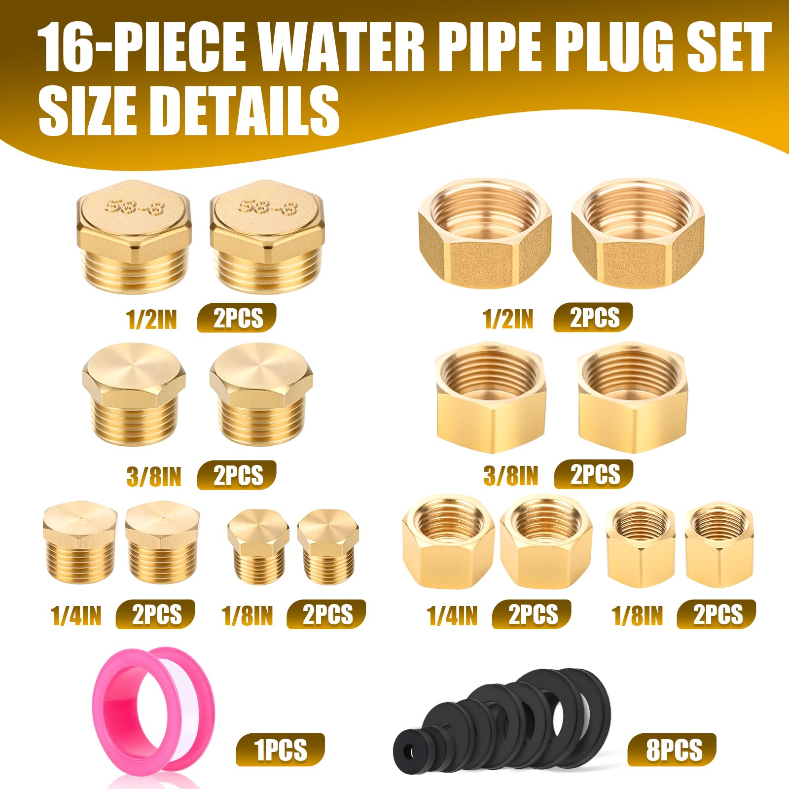 lompyeu 16 pièces bouchon en laiton avec filets intérieurs et extérieurs, 1/8 1/4 1/2 3/8 bouchon robinet avec rondelles de tuyau, ruban de matière première adapté aux systèmes de chauffage et d'eau lompyeu 16 pièces bouchon en laiton avec filets intérieurs et extérieurs, 1/8 1/4 1/2 3/8 bouchon robinet avec rondelles de tuyau, ruban de matière première adapté aux systèmes de chauffage et d'eau