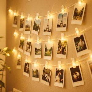 hoteril guirlande lumineuse photo, 12m 120 leds guirlande photo avec 60 photo clips, guirlandes lumineuses à piles decoration blanc chaud pour accroche photo, chambre à coucher fête, mariage, noël