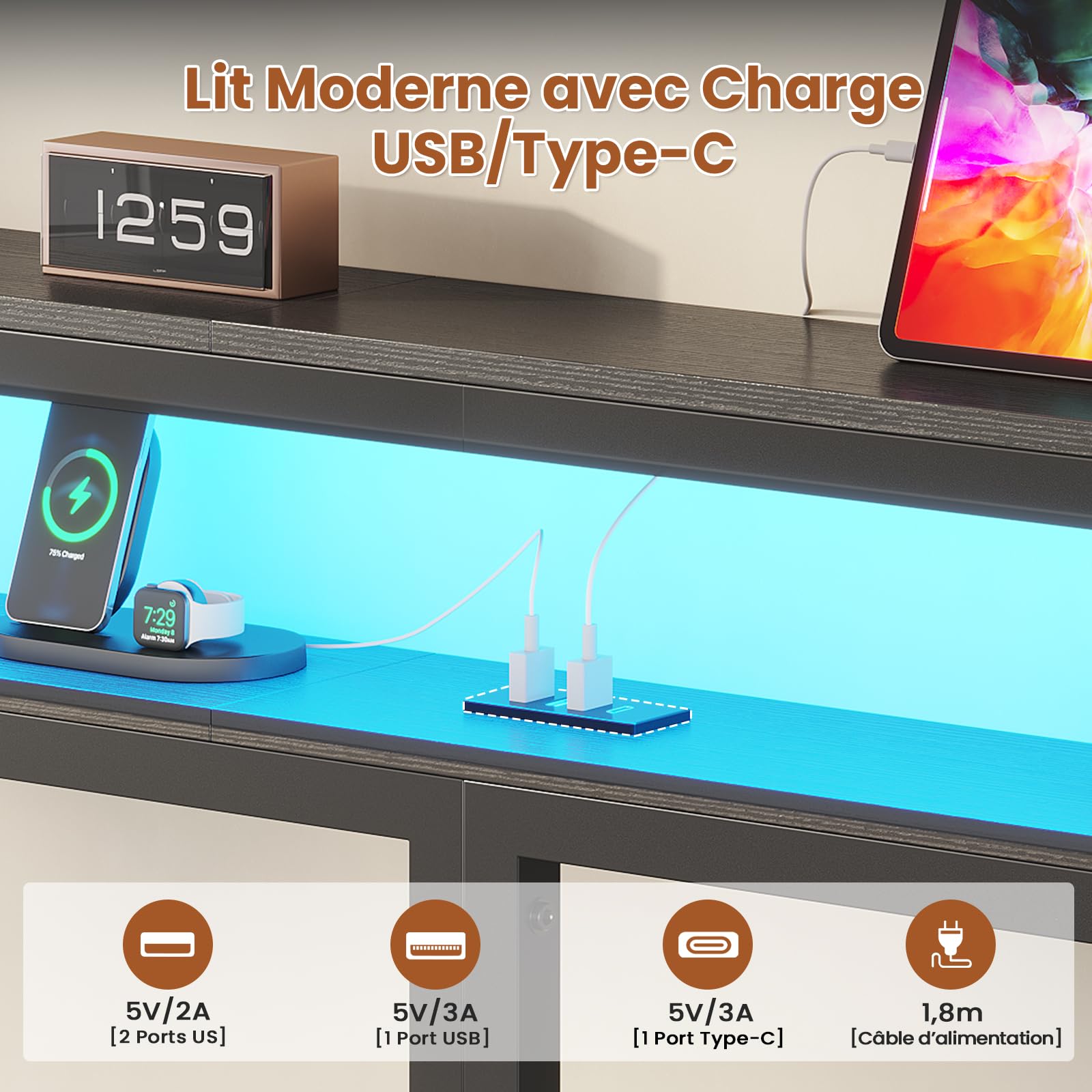 aogllati lit flottant 140x190 avec sommier en métal,cadre de lit 140x190 led 360° réglable avec 3 ports de charge,2 Étagères de rangement ouvertes pour chambre d'ado sans matelas,noir aogllati lit flottant 140x190 avec sommier en métal,cadre de lit 140x190 led 360° réglable avec 3 ports de charge,2 Étagères de rangement ouvertes pour chambre d'ado sans matelas,noir