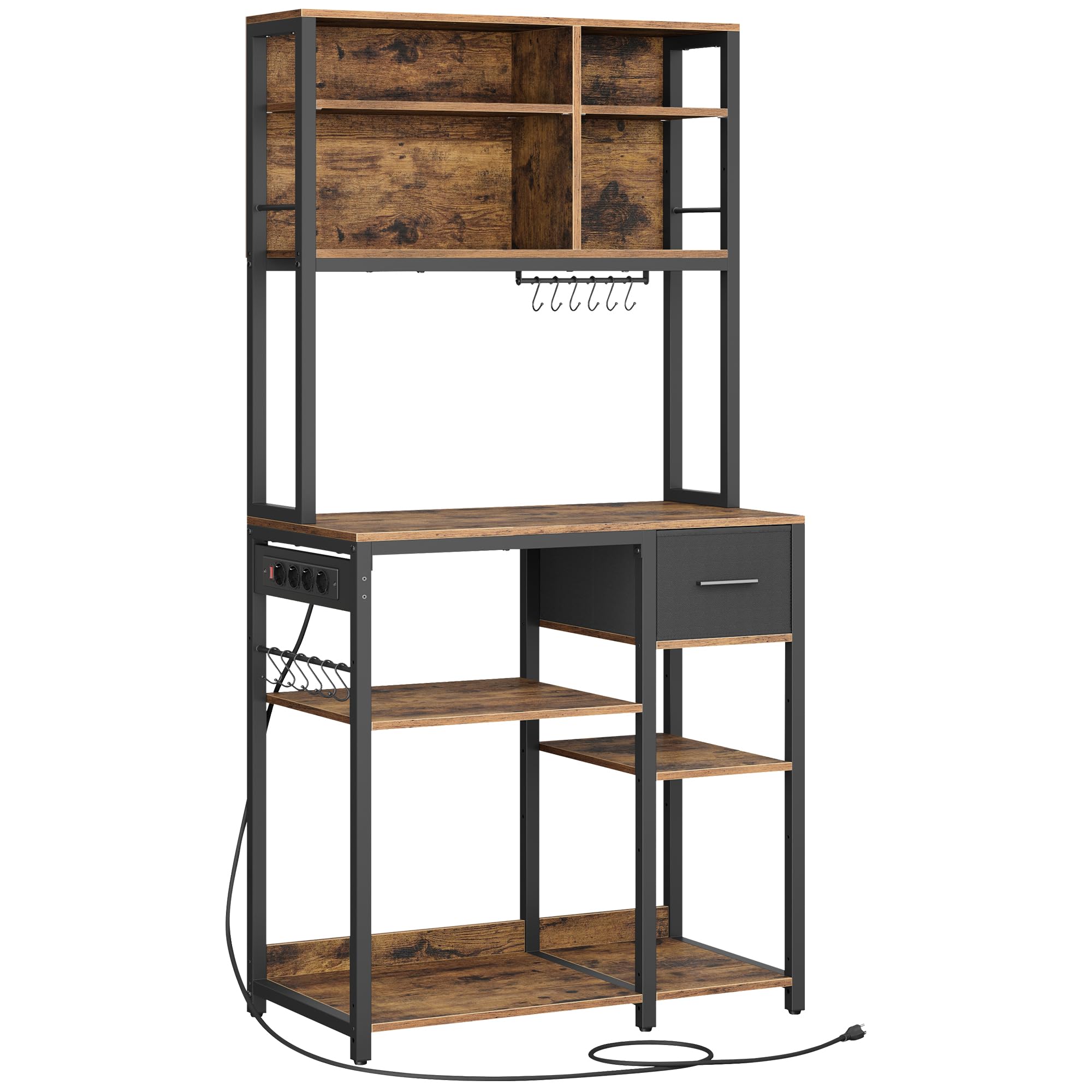 vasagle Étagère de cuisine avec multiprise, bar à café avec Étagères réglables, tiroir en tissu, 12 crochets, 40 x 80 x 180,4 cm, support pour micro ondes, marron rustique et noir d’encre kks015k03 vasagle Étagère de cuisine avec multiprise, bar à café avec Étagères réglables, tiroir en tissu, 12 crochets, 40 x 80 x 180,4 cm, support pour micro ondes, marron rustique et noir d’encre kks015k03