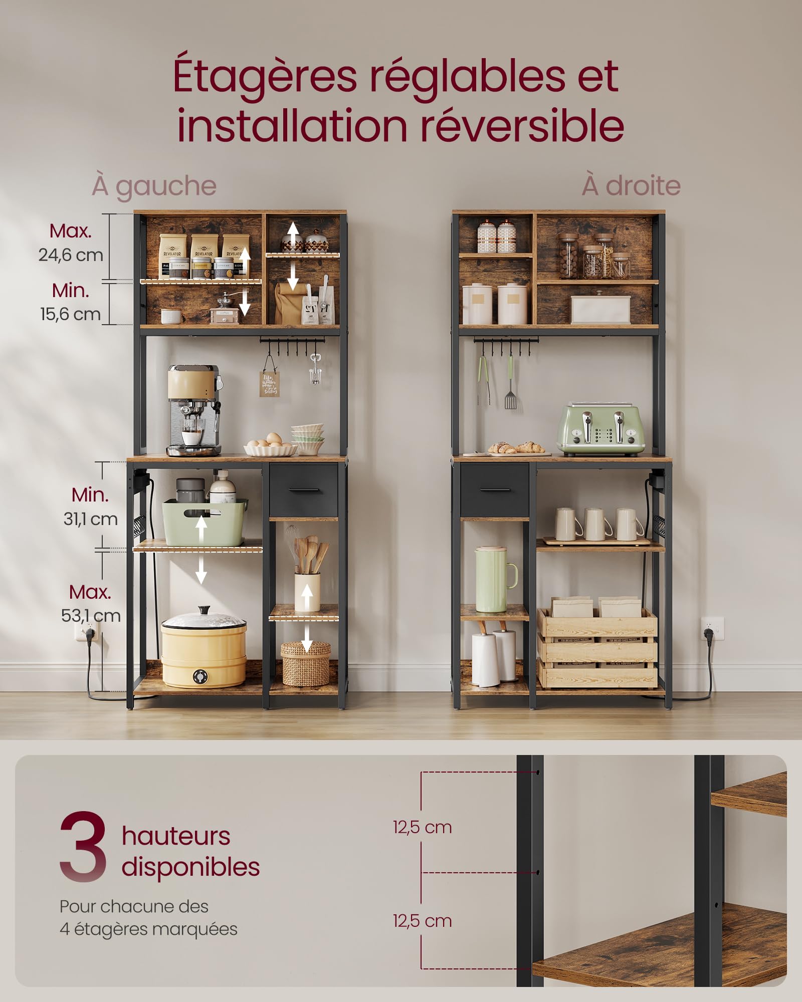 vasagle Étagère de cuisine avec multiprise, bar à café avec Étagères réglables, tiroir en tissu, 12 crochets, 40 x 80 x 180,4 cm, support pour micro ondes, marron rustique et noir d’encre kks015k03 vasagle Étagère de cuisine avec multiprise, bar à café avec Étagères réglables, tiroir en tissu, 12 crochets, 40 x 80 x 180,4 cm, support pour micro ondes, marron rustique et noir d’encre kks015k03