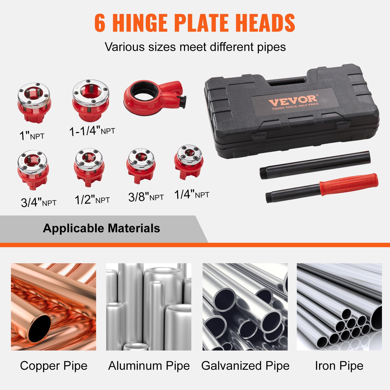vevor kit de filetage de tuyau à cliquet 1/4" npt 1 1/4" npt coffret filières de plombier manuel portable 6 matrices npt mallette de rangement pour plomberie tuyaux en aluminium galvanisé fer cuivre vevor kit de filetage de tuyau à cliquet 1/4" npt 1 1/4" npt coffret filières de plombier manuel portable 6 matrices npt mallette de rangement pour plomberie tuyaux en aluminium galvanisé fer cuivre