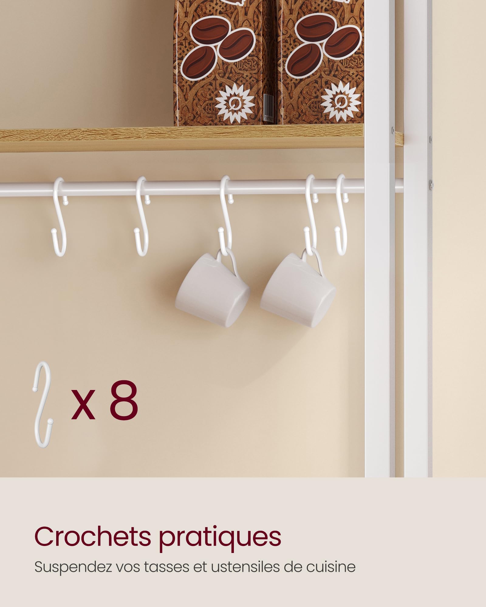 vasagle Étagère de cuisine avec multiprise, bar à café avec plan de travail de 90 cm de hauteur, support pour micro ondes avec 8 crochets, 40 x 60 x 170 cm, doré chêne et blanc nuage kks058y02 vasagle Étagère de cuisine avec multiprise, bar à café avec plan de travail de 90 cm de hauteur, support pour micro ondes avec 8 crochets, 40 x 60 x 170 cm, doré chêne et blanc nuage kks058y02