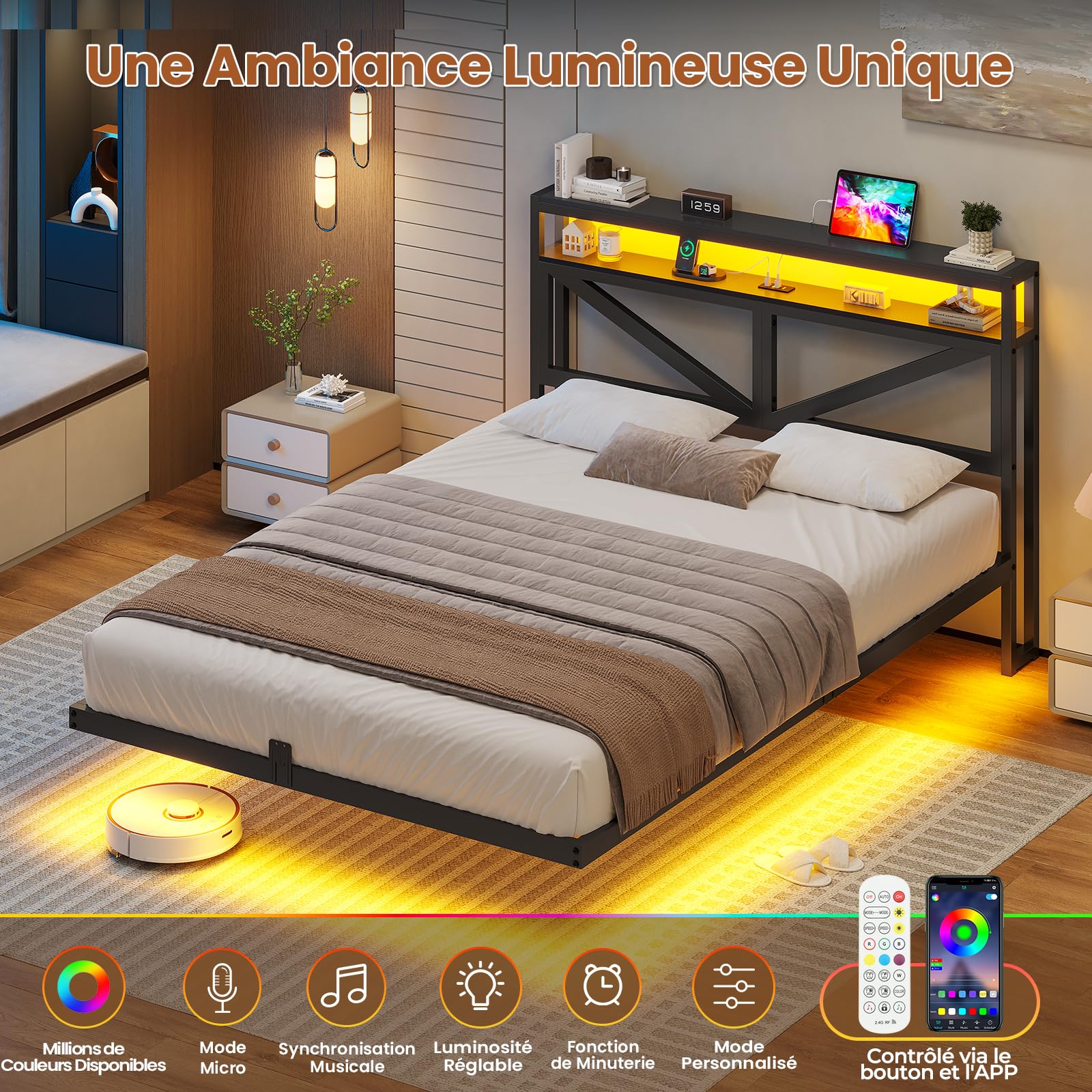 aogllati lit flottant 140x190 avec sommier en métal,cadre de lit 140x190 led 360° réglable avec 3 ports de charge,2 Étagères de rangement ouvertes pour chambre d'ado sans matelas,noir aogllati lit flottant 140x190 avec sommier en métal,cadre de lit 140x190 led 360° réglable avec 3 ports de charge,2 Étagères de rangement ouvertes pour chambre d'ado sans matelas,noir