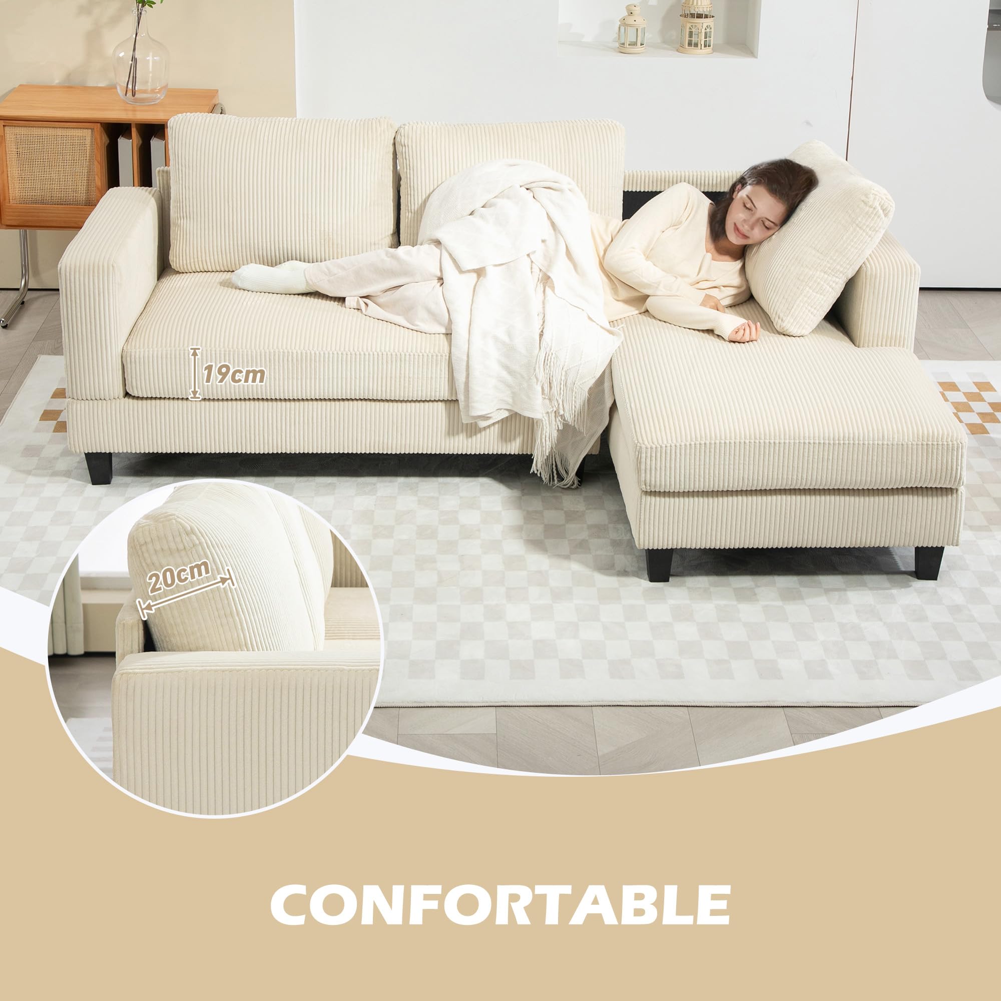 homcom canapé d'angle en velours côtelé canapé 3 places avec méridienne et coussin à ressorts épais, largeur 214 cm, design moderne, charge jusqu'à 400 kg, pour salon, appartement, beige homcom canapé d'angle en velours côtelé canapé 3 places avec méridienne et coussin à ressorts épais, largeur 214 cm, design moderne, charge jusqu'à 400 kg, pour salon, appartement, beige