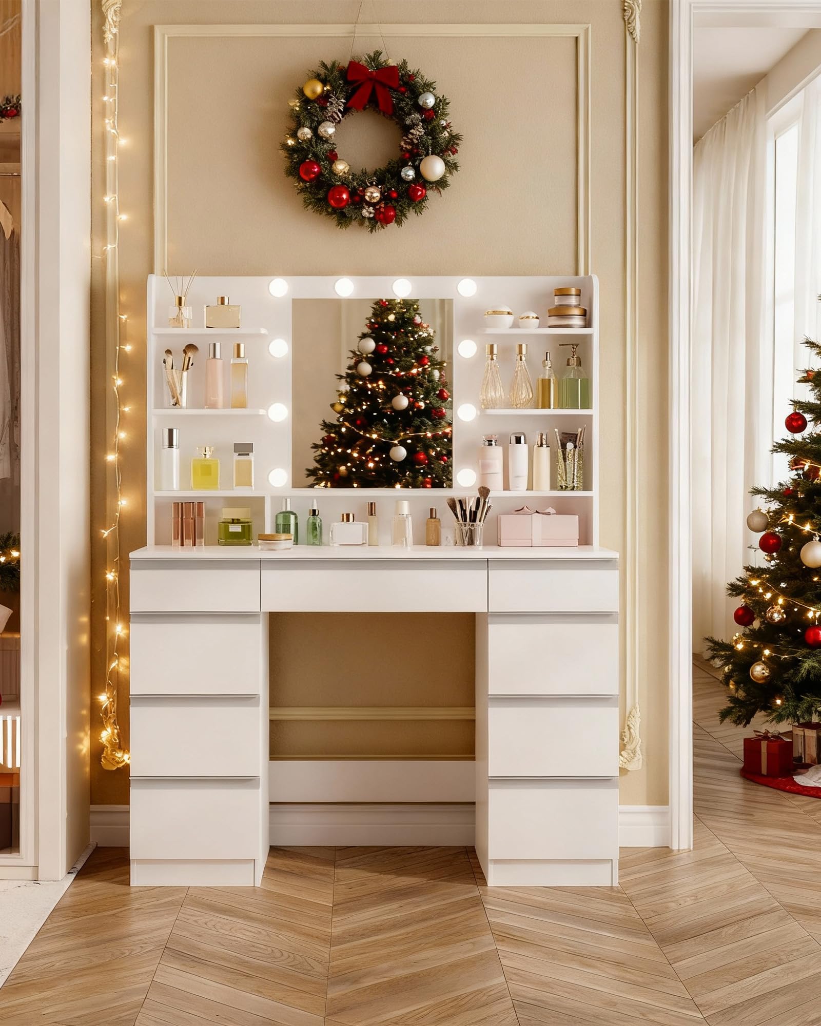 hzuaneri grande coiffeuse avec Éclairage led, 10 boules lumineuses led, 3 couleurs, luminosité réglable, miroir, 9 tiroirs, 9 Étagères ouvertes, blanc argent dt35703w hzuaneri grande coiffeuse avec Éclairage led, 10 boules lumineuses led, 3 couleurs, luminosité réglable, miroir, 9 tiroirs, 9 Étagères ouvertes, blanc argent dt35703w