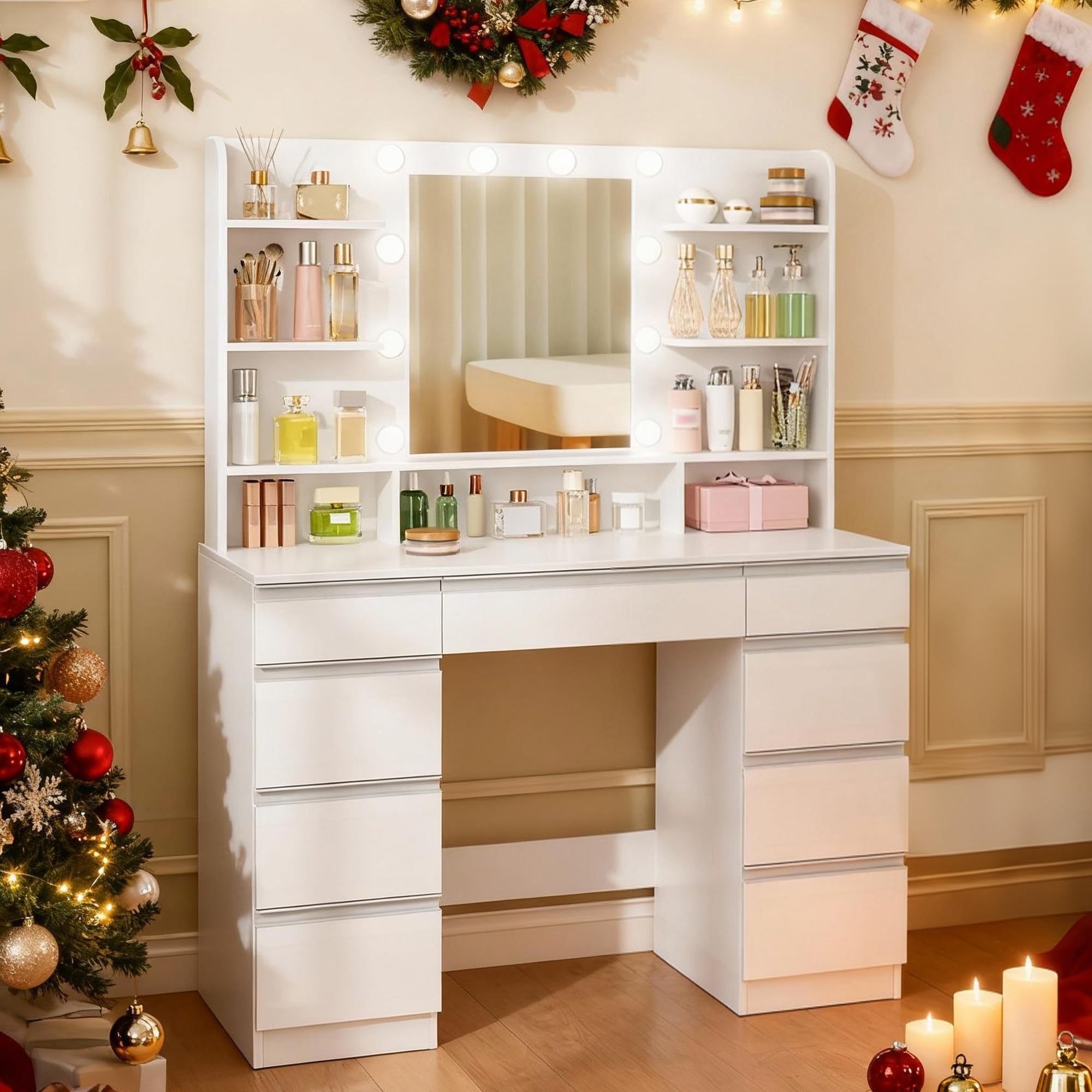 hzuaneri grande coiffeuse avec Éclairage led, 10 boules lumineuses led, 3 couleurs, luminosité réglable, miroir, 9 tiroirs, 9 Étagères ouvertes, blanc argent dt35703w hzuaneri grande coiffeuse avec Éclairage led, 10 boules lumineuses led, 3 couleurs, luminosité réglable, miroir, 9 tiroirs, 9 Étagères ouvertes, blanc argent dt35703w