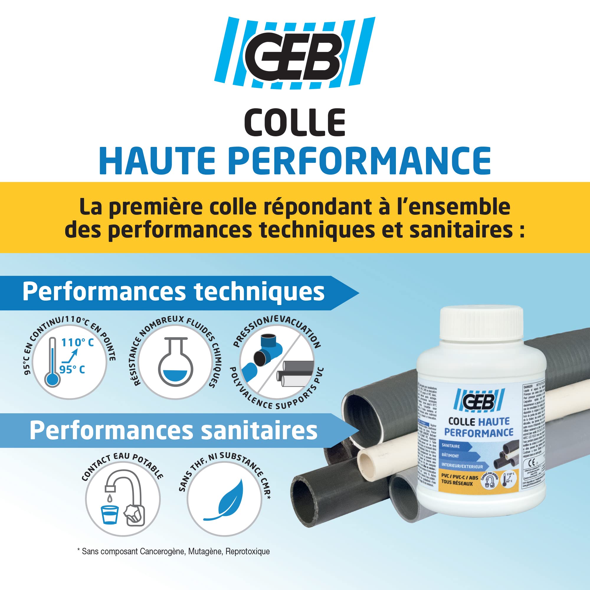 geb colle haute performance 250 ml polyvalente pour assemblage de canalisations en pvc pour réseau avec pression d'eau froide/chaude sanitaire et réseau d'évacuation des eaux usées geb colle haute performance 250 ml polyvalente pour assemblage de canalisations en pvc pour réseau avec pression d'eau froide/chaude sanitaire et réseau d'évacuation des eaux usées