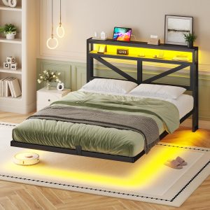 aogllati lit flottant 140x190 avec sommier en métal,cadre de lit 140x190 led 360° réglable avec 3 ports de charge,2 Étagères de rangement ouvertes pour chambre d'ado sans matelas,noir