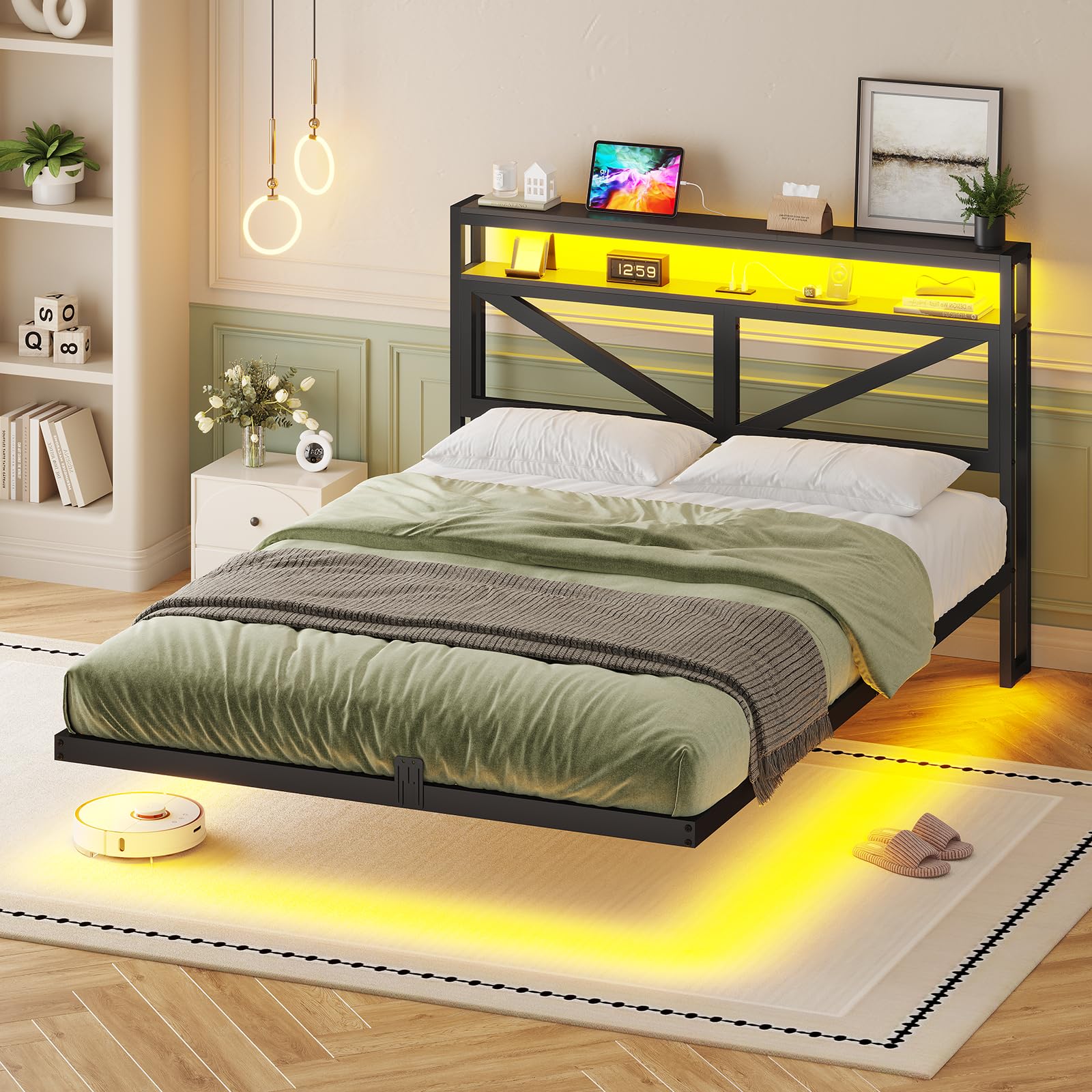 aogllati lit flottant 140x190 avec sommier en métal,cadre de lit 140x190 led 360° réglable avec 3 ports de charge,2 Étagères de rangement ouvertes pour chambre d'ado sans matelas,noir aogllati lit flottant 140x190 avec sommier en métal,cadre de lit 140x190 led 360° réglable avec 3 ports de charge,2 Étagères de rangement ouvertes pour chambre d'ado sans matelas,noir