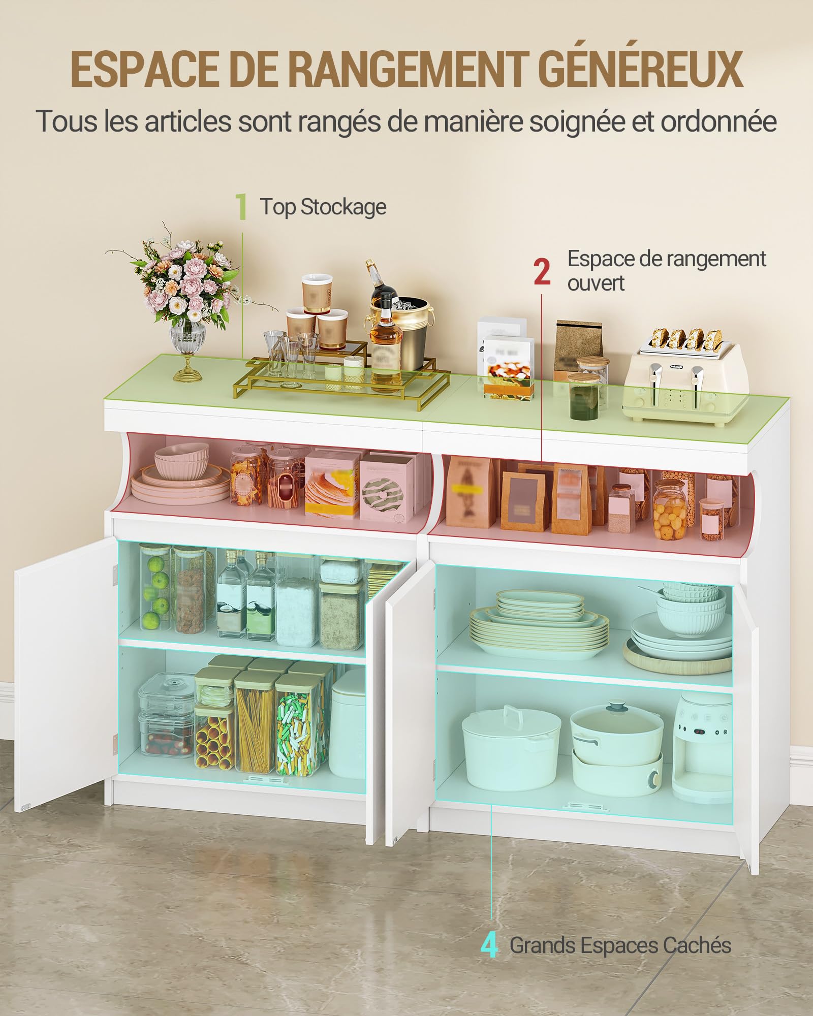 hzuaneri meuble cuisine, buffet à 4 portes, meuble de rangement avec espace ouvert, commode, style moderne, Étagères réglables, adapté à la cuisine ou au salon, 40 x 140 x 85 cm, blanc sc80103x hzuaneri meuble cuisine, buffet à 4 portes, meuble de rangement avec espace ouvert, commode, style moderne, Étagères réglables, adapté à la cuisine ou au salon, 40 x 140 x 85 cm, blanc sc80103x