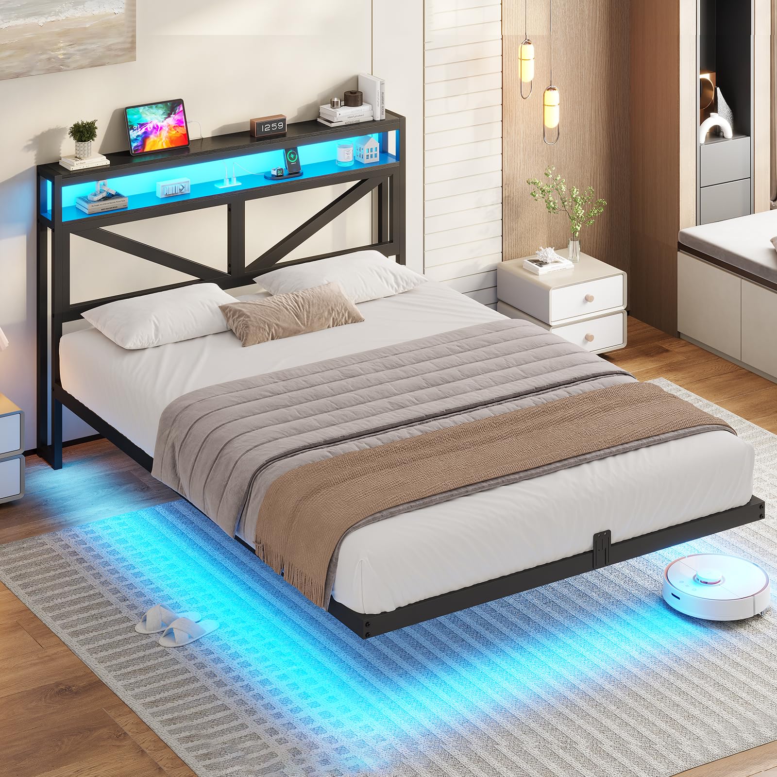 aogllati lit flottant 140x190 avec sommier en métal,cadre de lit 140x190 led 360° réglable avec 3 ports de charge,2 Étagères de rangement ouvertes pour chambre d'ado sans matelas,noir aogllati lit flottant 140x190 avec sommier en métal,cadre de lit 140x190 led 360° réglable avec 3 ports de charge,2 Étagères de rangement ouvertes pour chambre d'ado sans matelas,noir