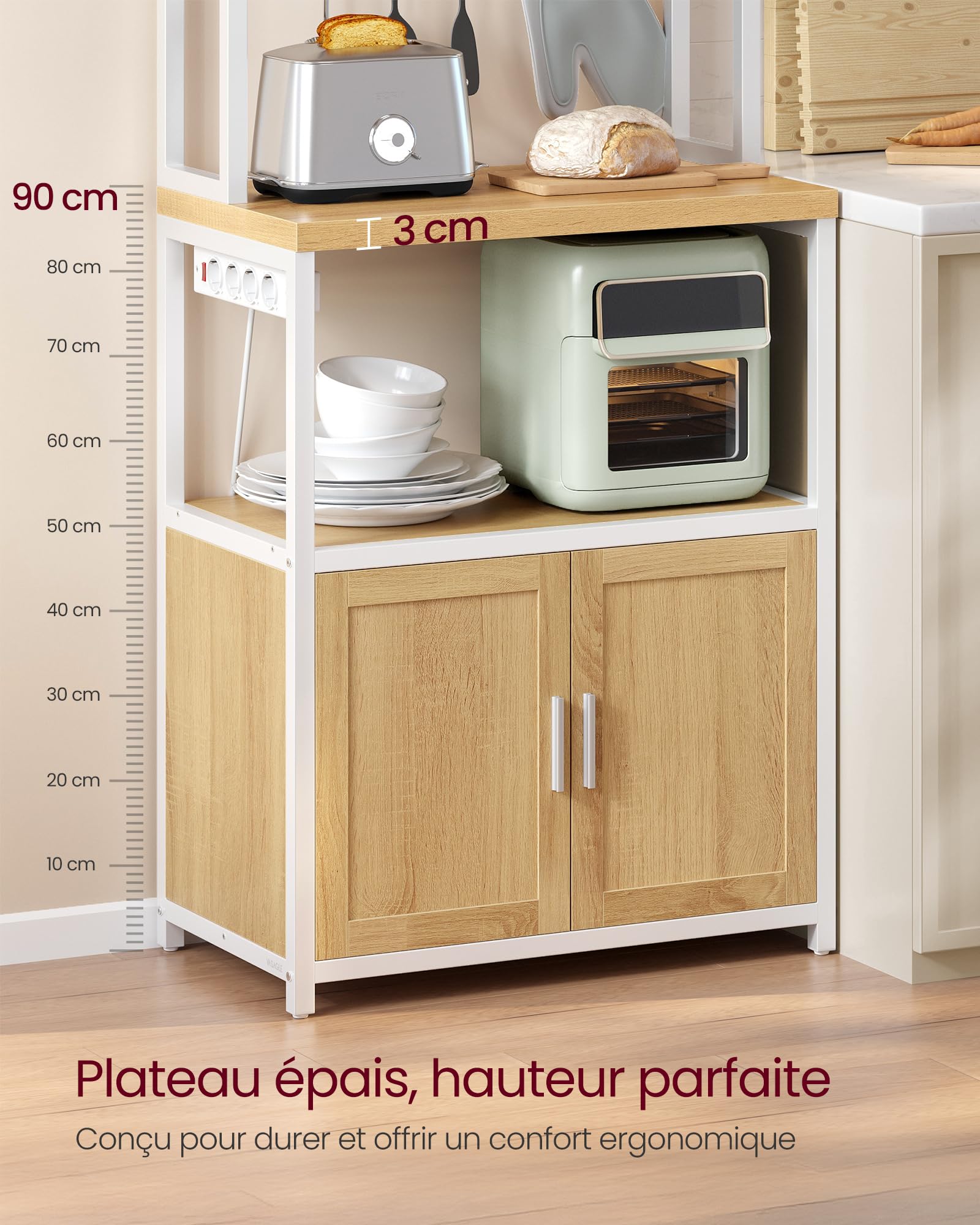 vasagle Étagère de cuisine avec multiprise, bar à café avec plan de travail de 90 cm de hauteur, support pour micro ondes avec 8 crochets, 40 x 60 x 170 cm, doré chêne et blanc nuage kks058y02 vasagle Étagère de cuisine avec multiprise, bar à café avec plan de travail de 90 cm de hauteur, support pour micro ondes avec 8 crochets, 40 x 60 x 170 cm, doré chêne et blanc nuage kks058y02