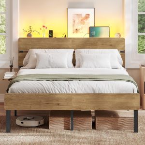 vasagle cadre de lit 140 x 190 avec sommier métal, lit 2 personnes, Éclairage led, port usb et type c, espace de rangement en dessous, style industriel, montage facile, marron naturel rmb103k01